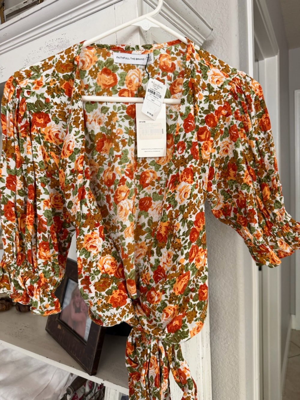 Faithfull the Brand Orange and Green Floral Tie-Front Blouse
